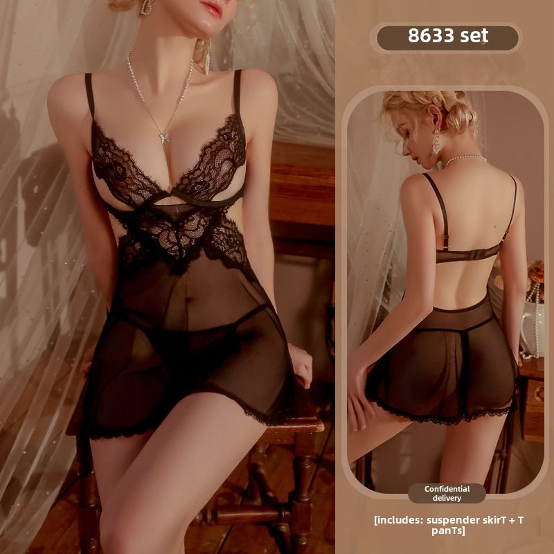 Yiyo Sexy Lingerie Sexy Sling Lace Temptation Hollow Nightdress Hot Mesh Perspective Pajamas Uniform 8633_voghion.com