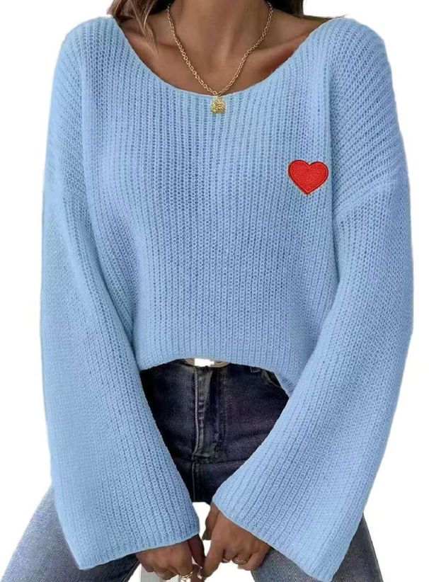 Maglione oversize da donna con ricamo a cuore per San Valentino, spalle scoperte - Pullover casual e comodo con applicazione a forma di cuore_voghion.com