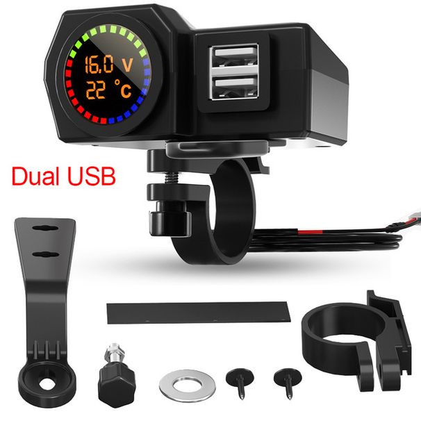 Motorcycle Charger Voltage Temperature Digital Display Dual USB Mobilephone Charging Adapter for Motorbike Handlebar Accessories_voghion.com