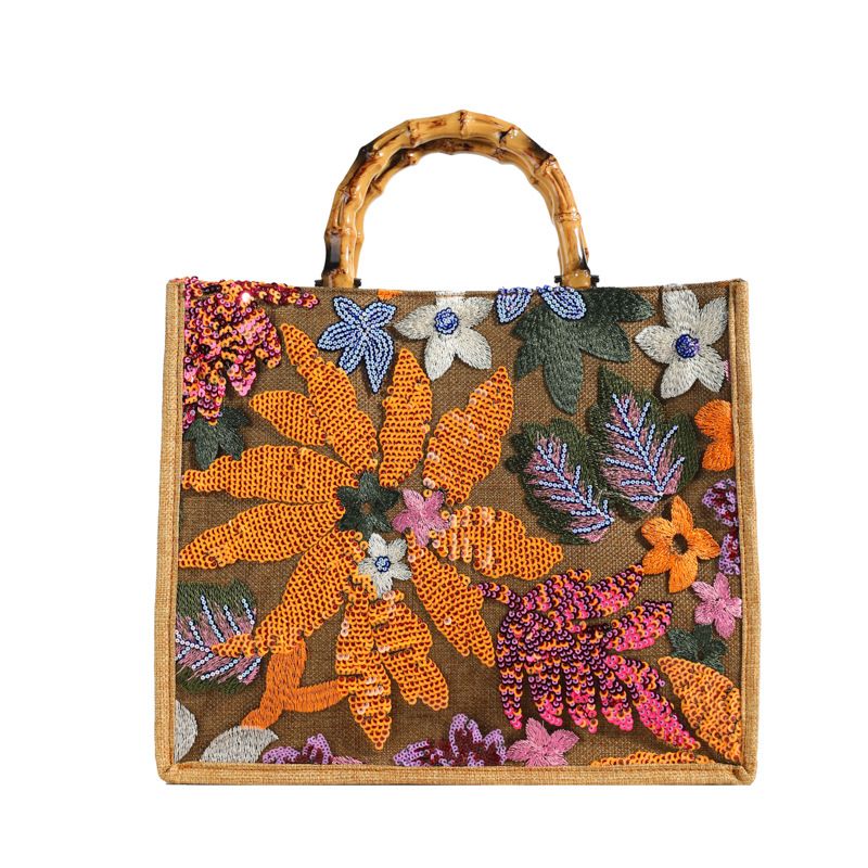 Mode Pailletten horizontale große Einkaufstasche Leinen Damen Tasche große Kapazität bestickte Bambus Handtasche_voghion.com