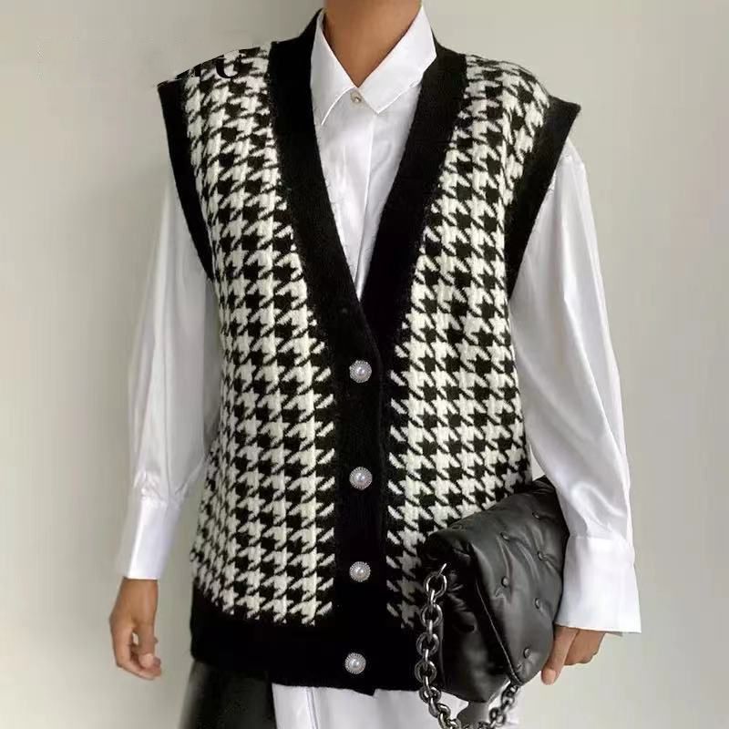 Women's Clothing autumn and winter new sleeveless houndstooth sweater vest vest loose knitted sweater jacket women_voghion.com