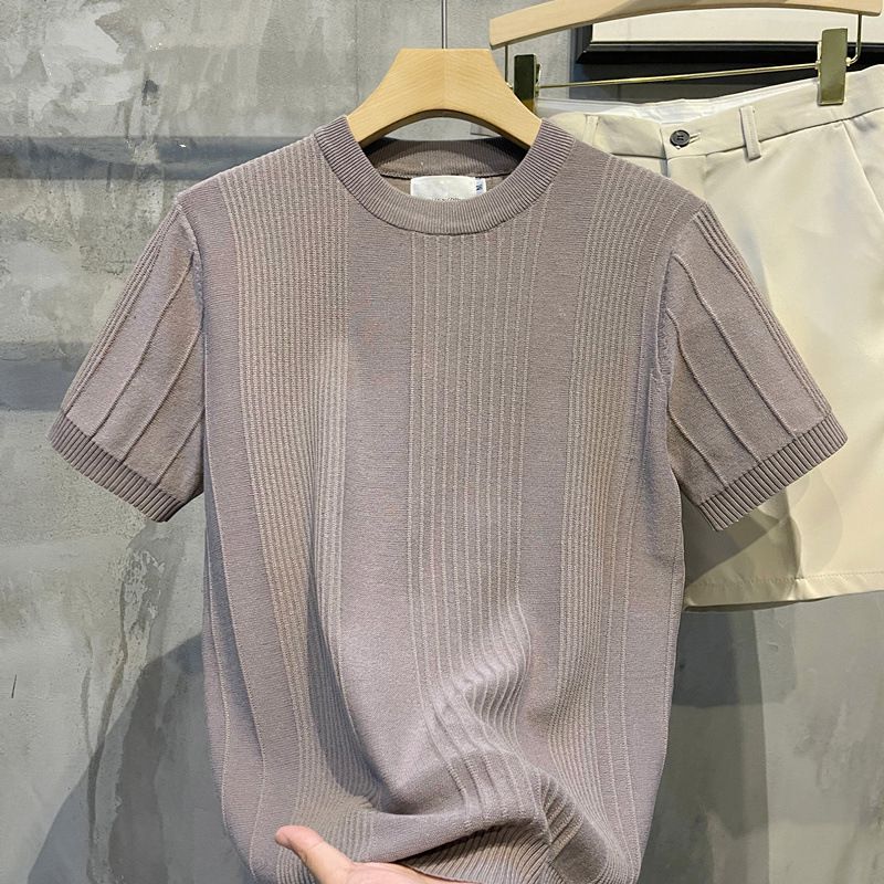 Maglietta a maniche corte in maglia da uomo, maglione estivo in seta ghiacciata sottile a mezza manica, intimo bianco da uomo, top a fondo singolo_voghion.com
