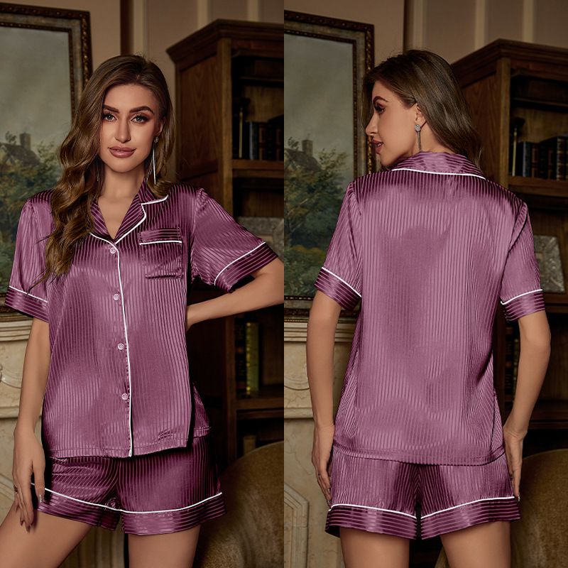 Damen Nachtwäsche gestreift Basic Kurzarm Shorts lässige Hauskleidung gestreifter Anzug_voghion.com