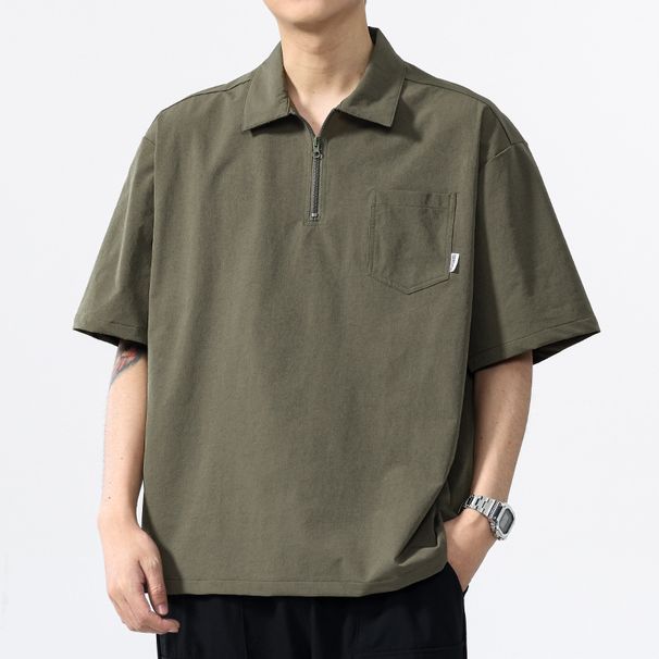 Short Sleeved Summer Thin Trendy Loose Workwear T-shirt With Half Zipper_voghion.com