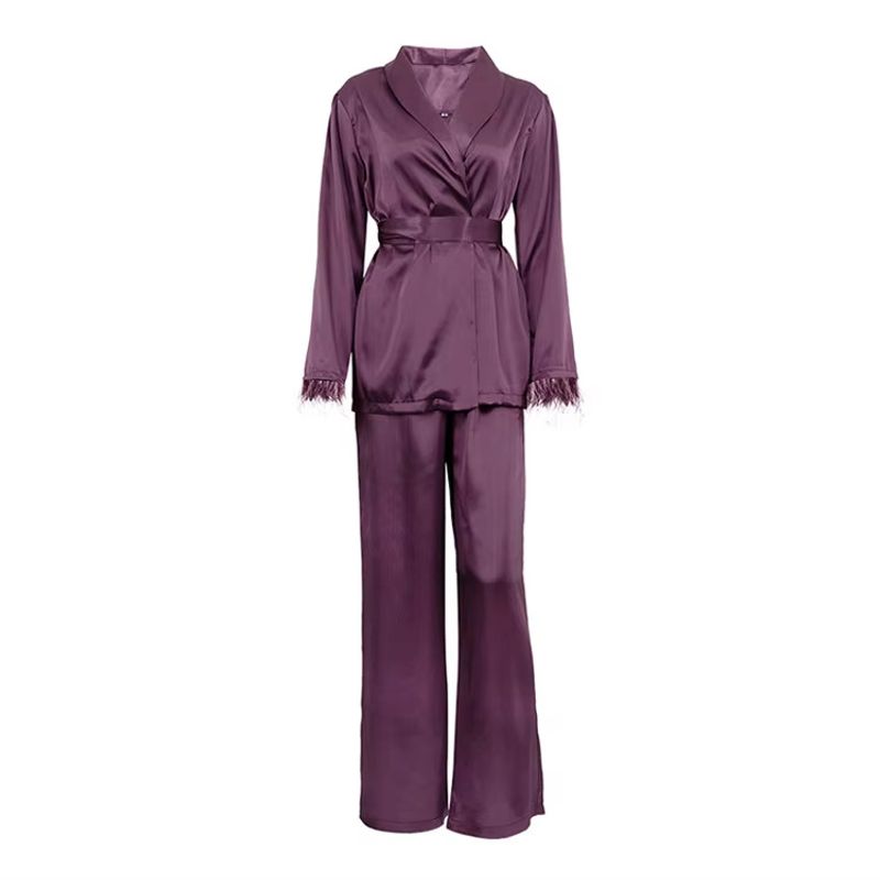 Vêtements pour femmes, costume décontracté d'automne, costume deux pièces en satin à manches longues et à lacets_voghion.com