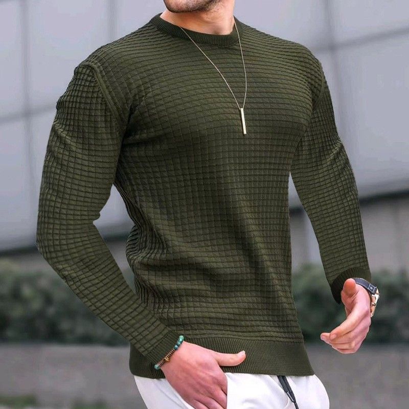 T-shirt décontracté à manches longues en tricot à carreaux pour homme - Pull col rond respirant et confortable pour le printemps et l'automne_voghion.com