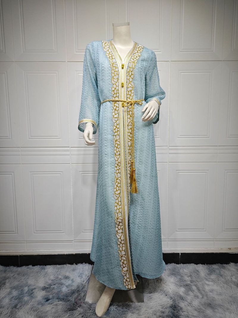 Set de două piese pentru femei, broderie, cu diamante fierbinți, Jalabiya saudită la modă, cu frânghie pentru talie_voghion.com