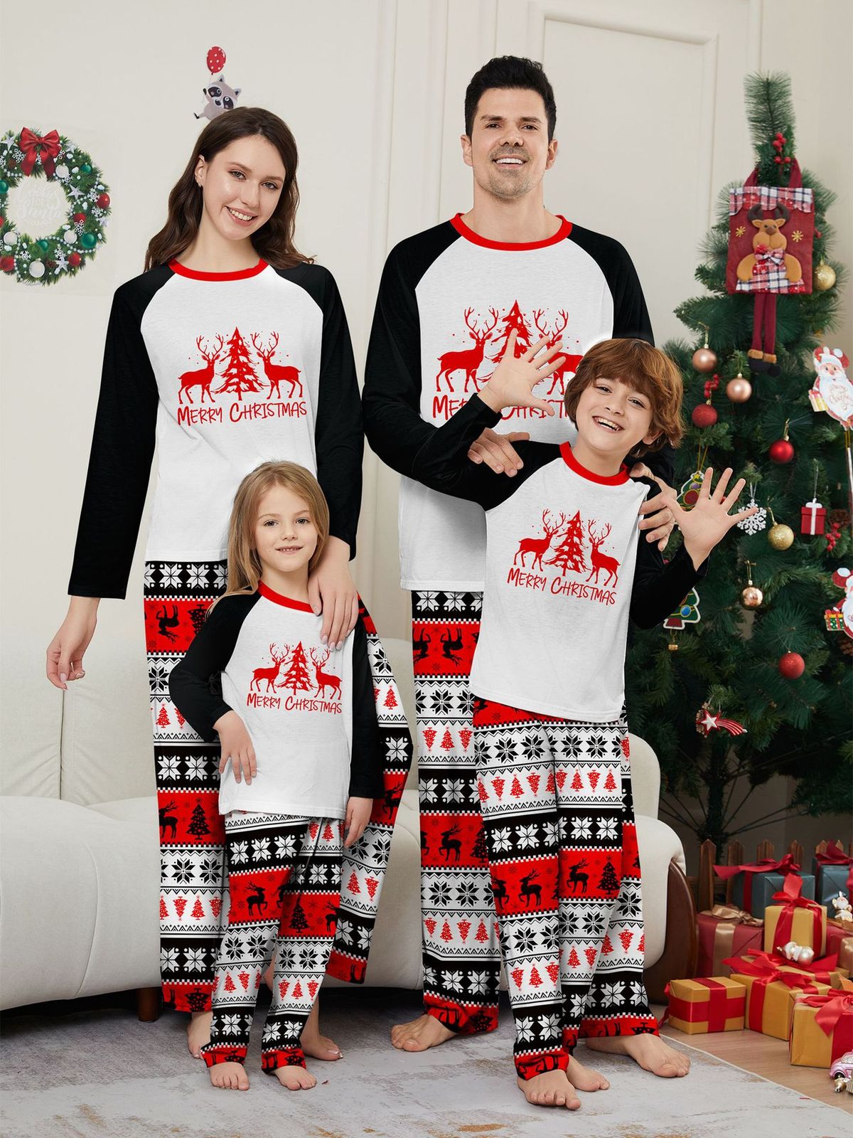 Home Clothes Parent Child Set Red Deer Christmas Tree Red And Black Color Matching Print Christmas Pajamas Whole Family Outfit_voghion.com