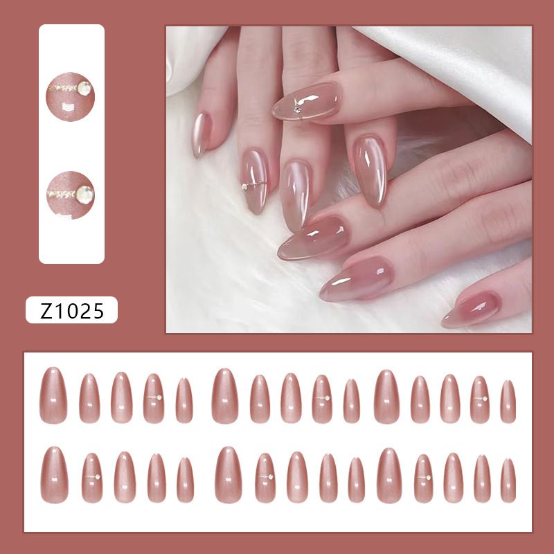 Uñas de almendra de longitud media con diamantes finos y sencillos, desmontables, estilo europeo y americano, 30 piezas_voghion.com