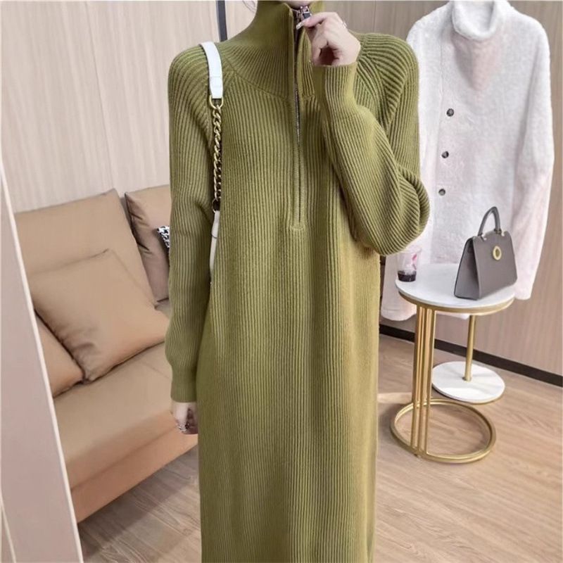 Elegant Knit Tunic Dress With Zip Detail – Versatile Pullover For Work & Weekend (Breathable Polyester Blend, 7 Sophisticated Colors)​_voghion.com