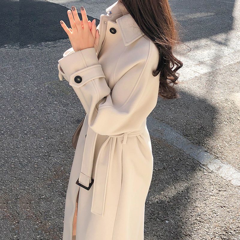 Oversized Wool Blend Trench Coat For Women – Longline Winter Pea Coat With Belted Waist, Thickened Lining For Subzero Days (Stone White/Camel/Black)_voghion.com