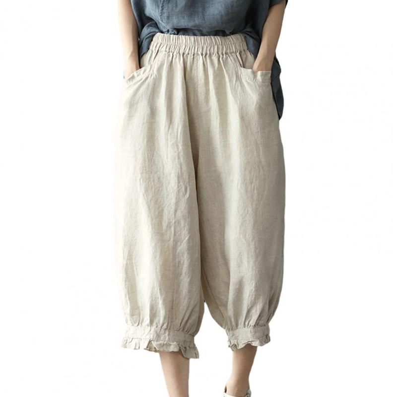 hot selling Women Harem Pants High Elastic Waist Loose Pockets Solid Color Soft Breathable Mid-calf Length Retro Casual Lady Summer_voghion.com