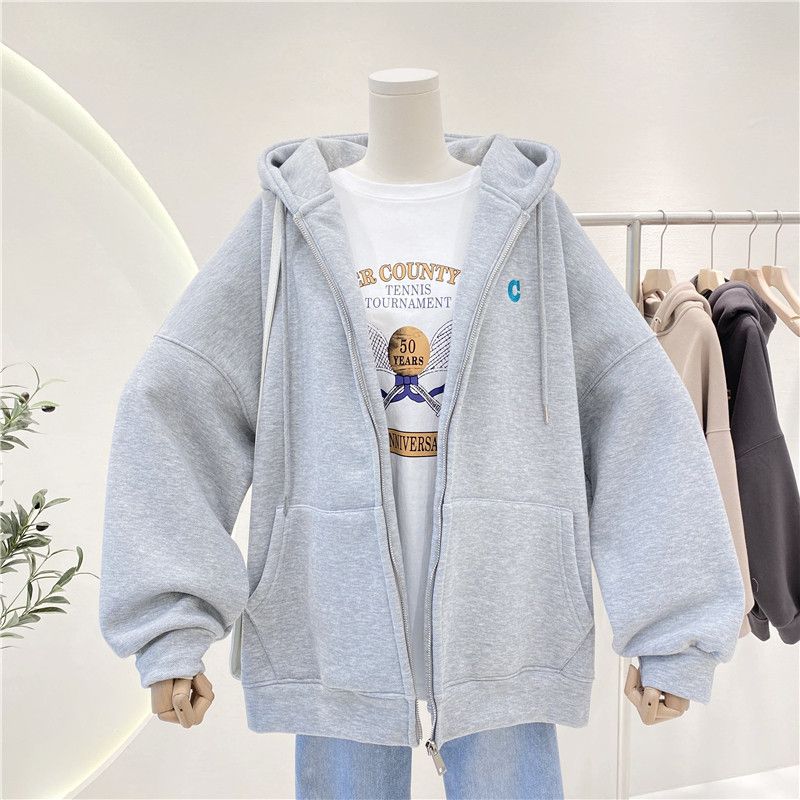 Women's Clothing lazy style simple solid color loose large size plus velvet thick hooded sweater cardigan women's jacket_voghion.com