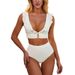 Ensemble bikini col V pour femme avec boucles métalliques et volants - Bas de bikini triangle taille haute et haut push-up - Maillots de bain blancs pour la plage et la piscine_voghion.com