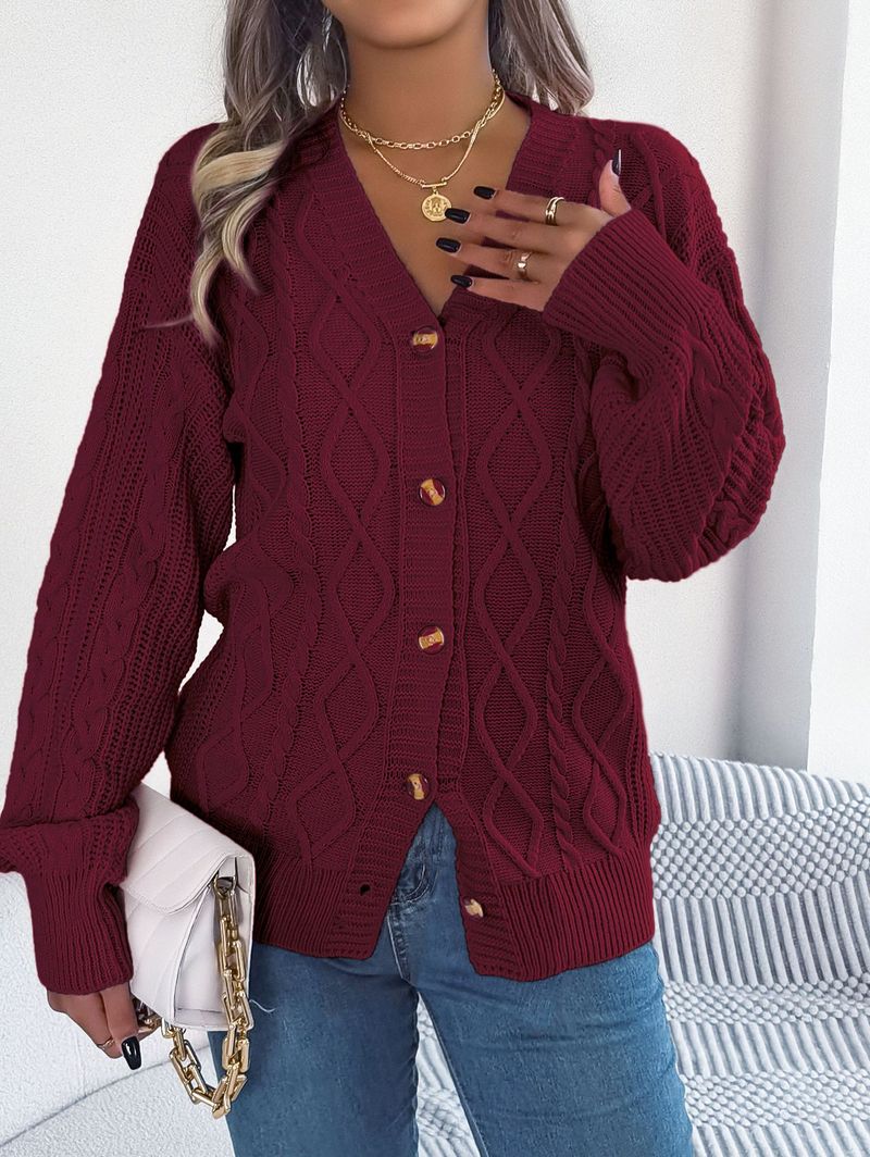 Lässiger V-Ausschnitt, Laternenärmel, Twist-Knopf-Cardigan, Pulloverjacke, Damenbekleidung_voghion.com