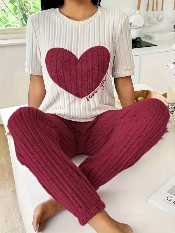 Nachtwäsche für Damen Sweet Love Pyjamas Damenanzug Herbst Neues Temperament Rundhals Kurzarmhose Zweiteiliger bequemer Heimkleidungstrend_voghion.com