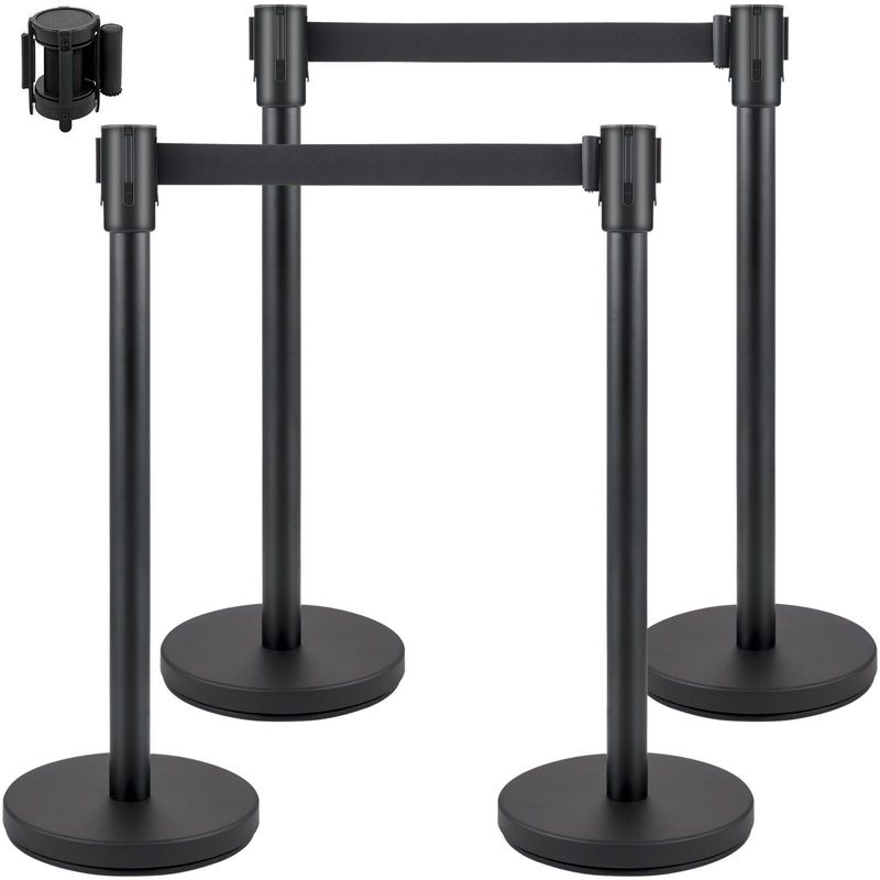 VEVOR Crowd Control Stanchion, Set Of 4 Pieces Stanchion Set, Stanchion Set With 6.6 Ft/2 M Black Retractable Belt, Black Crowd Control Barrier W/Concrete And Metal Base - Easy Connect Assembly_voghion.com