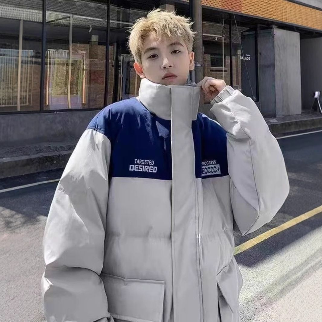 Piumino invernale da uomo, stile americano, spesso, caldo e alla moda, con colletto rialzato, in cotone, stile coppia, color-block_voghion.com