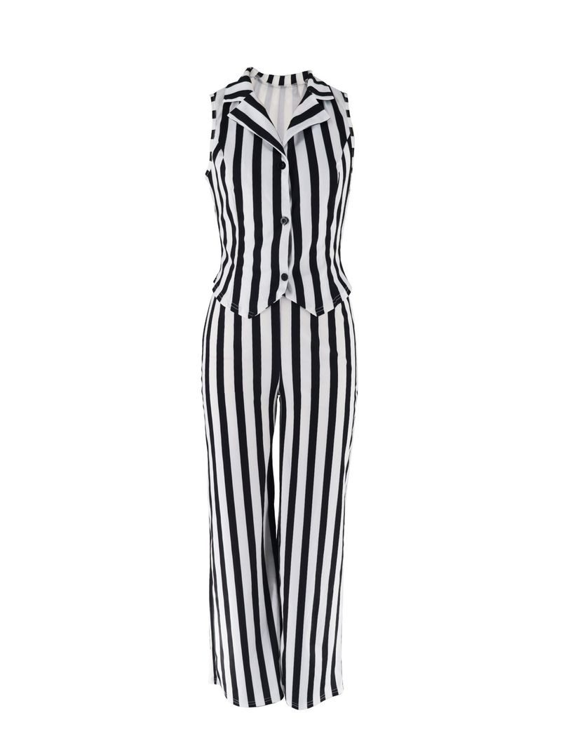 Abbigliamento da donna, moda casual, camicia a righe bianche e nere, pantaloni a gamba larga, vita alta_voghion.com