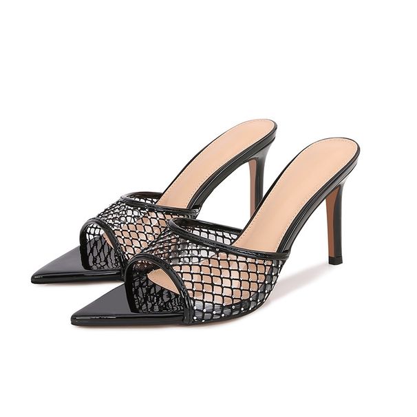 Women's high sense sheepskin black mesh rhinobason high heel slippers thin pointed open-toe heels_voghion.com