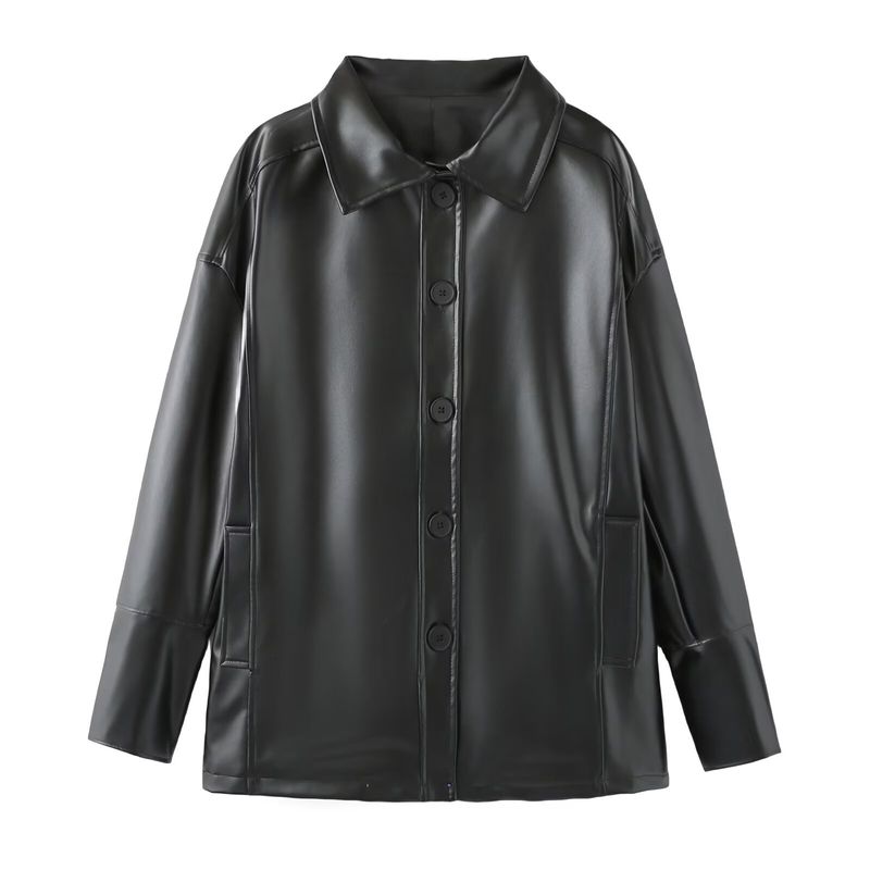 Damen 2024 Sommer neue dunkle Lederjacke mit POLO-Kragen Windjacke_voghion.com