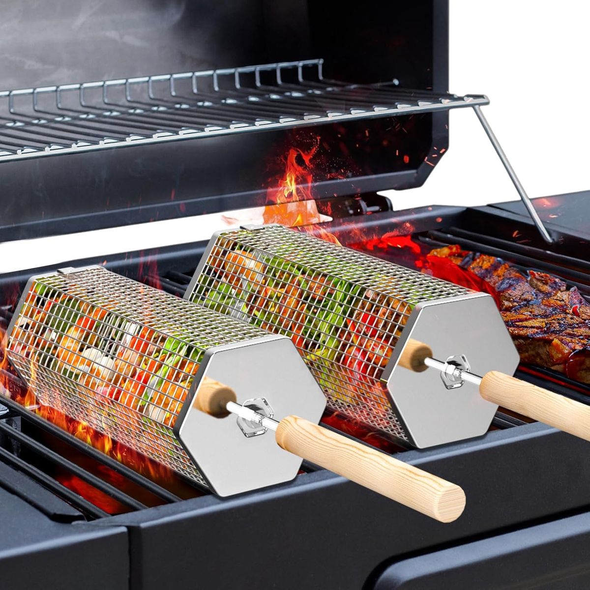 ivtivfu Nestbar Rollgrillkorb mit abnehmbarem Holzgriff, Edelstahl 304, für Outdoor-Küche, Camping, Grillzubehör_voghion.com