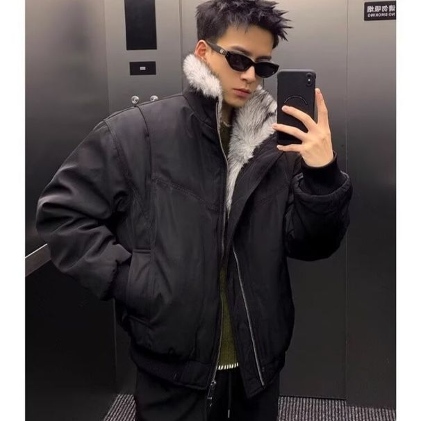 Autumn American Style Mountain Eagle Fur Collar Structure Cotton Winter Thickened Flight Jacket Coat_voghion.com