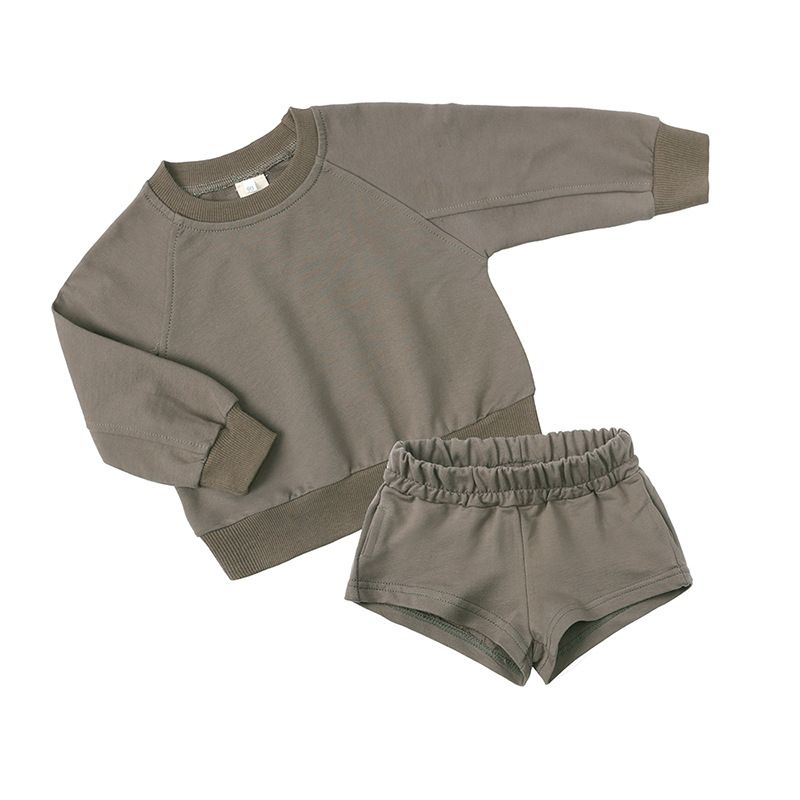 Mother&KidsChildren's completo per ragazzi e ragazze girocollo a maniche lunghe con cappuccio sciolto pantaloncini set in due pezzi_voghion.com