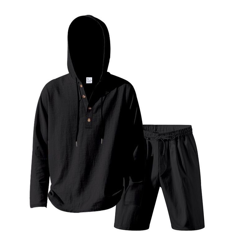 Adatto a tutte le stagioni 2025 Uomo Lino Casual Trendy Spiaggia Estate Manica Lunga Pantaloncini Con Cappuccio Henley Set_voghion.com