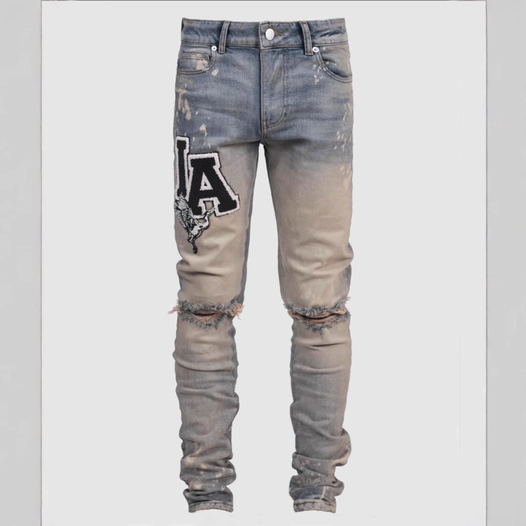 Jeans da uomo di tendenza, alla moda di strada, blu, slim fit, con toppe elastiche, design stampato, commercio estero, jeans all'ingrosso da uomo_voghion.com