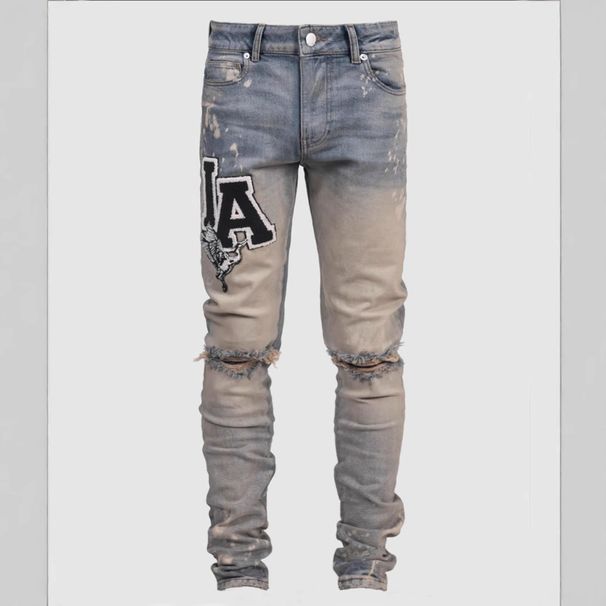 Jeans da uomo di tendenza, alla moda di strada, blu, slim fit, con toppe elastiche, design stampato, commercio estero, jeans all'ingrosso da uomo_voghion.com