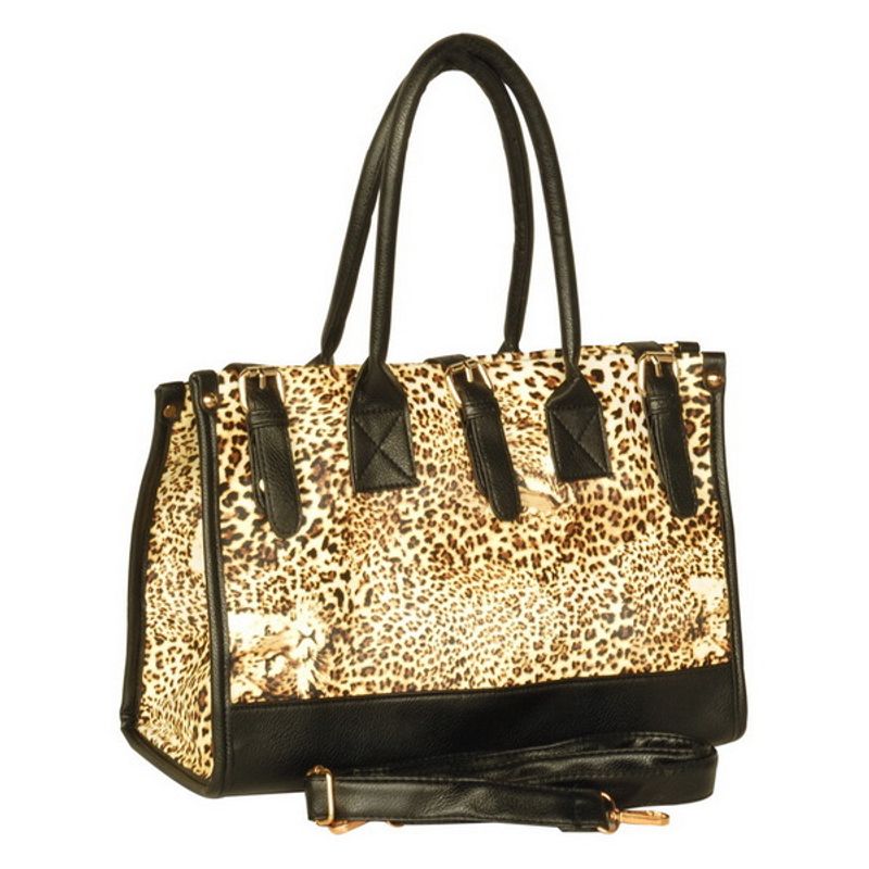 [Desert Isle] Leopard Fur Leatherette Double Handle Satchel Bag Handbag Purse_voghion.com