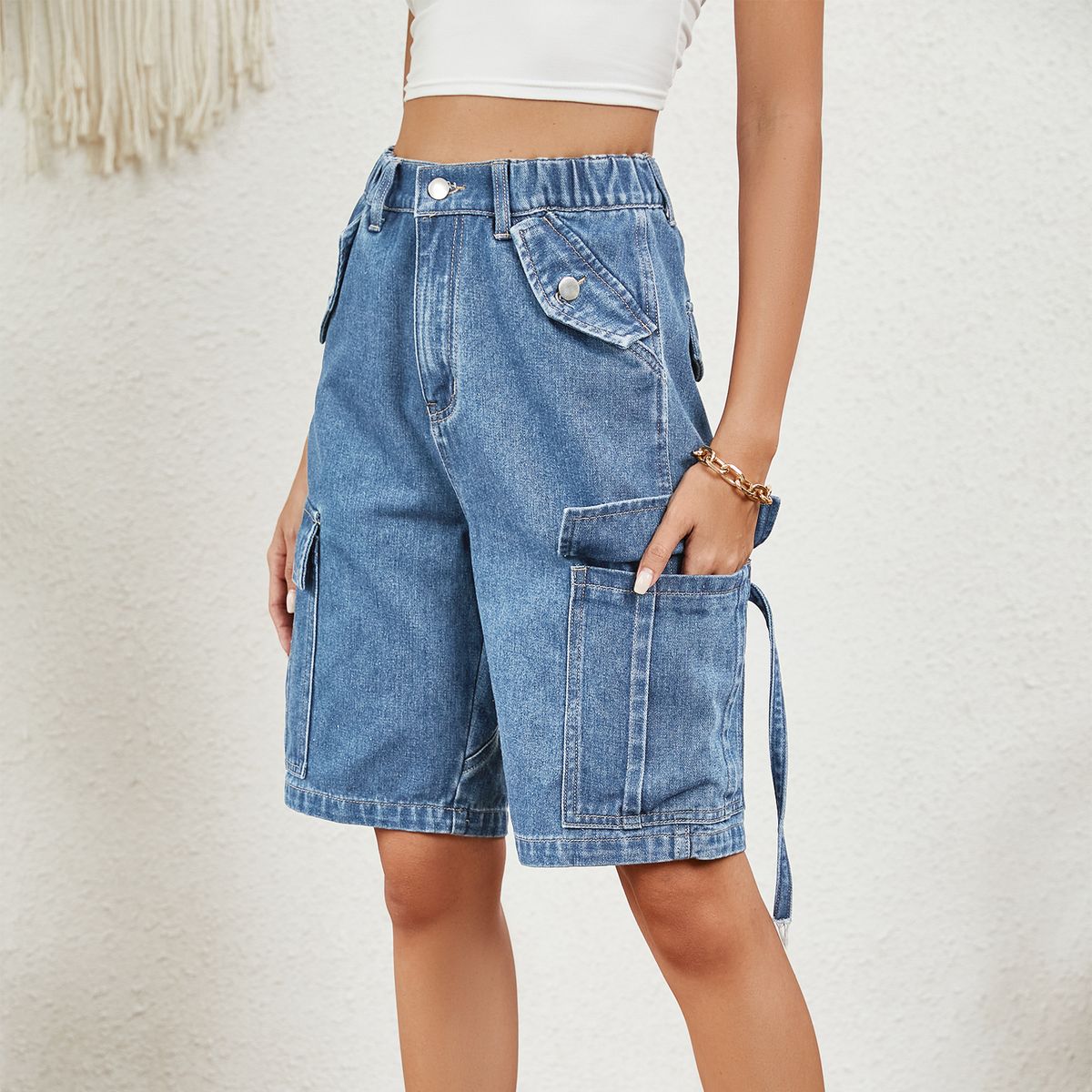 2025s Women's Summer New Washed Personality Denim Cargo Shorts_voghion.com