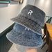 Korean version versatile washed denim letter basin hat for women, simple and casual, summer shading, revealing face,_voghion.com