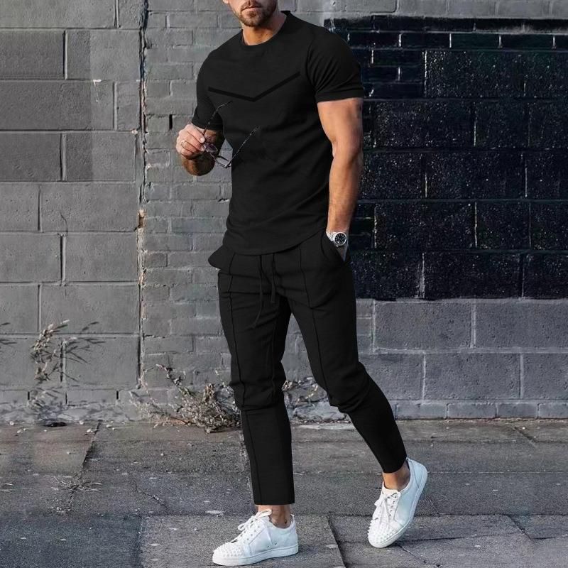 Teenage and guys young men t-shirt suit men's casual round neck 3D printing two-piece suit sports suit_voghion.com