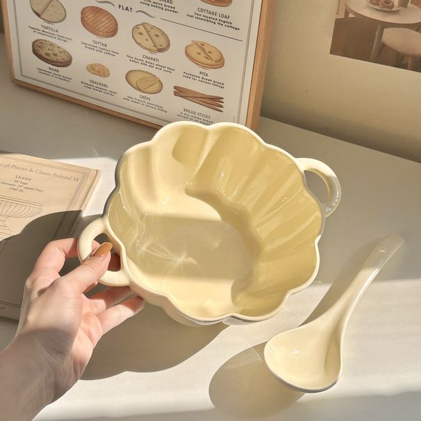 Niedliche Doppelohr-Keramik-Haushaltskapazität Instant Ins Style Große Suppenschnecken-Nudelschüssel mit Löffel_voghion.com