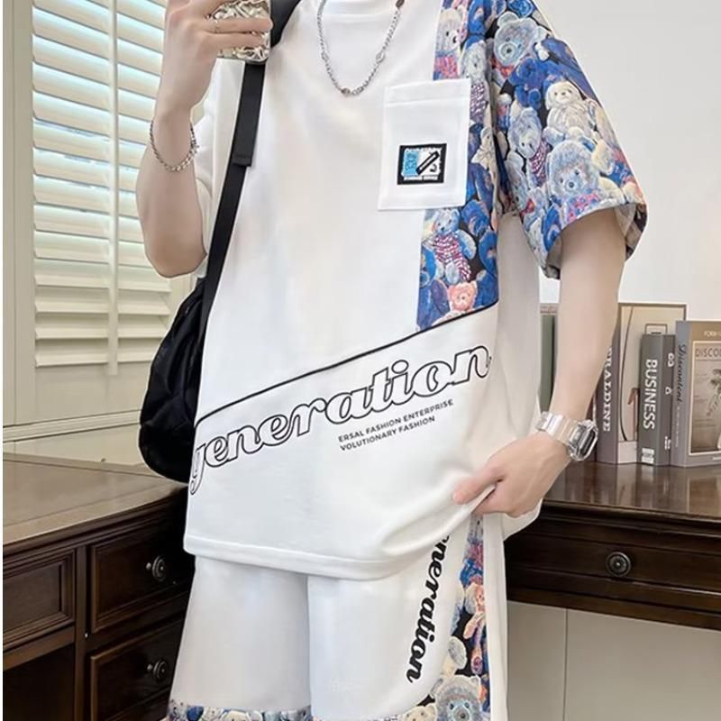 Tienerkleding wafel sport casual pak tieners los bijpassend knap tweedelig pak in contrastkleur_voghion.com