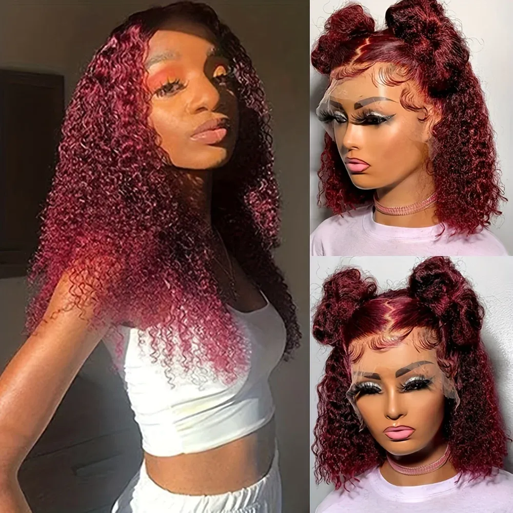 99j Burgund Wasser Welle Lockige Menschliches Haar Perücke 13x4 Transparent Spitze Kurze Bob Perücken für Frauen Remy_voghion.com