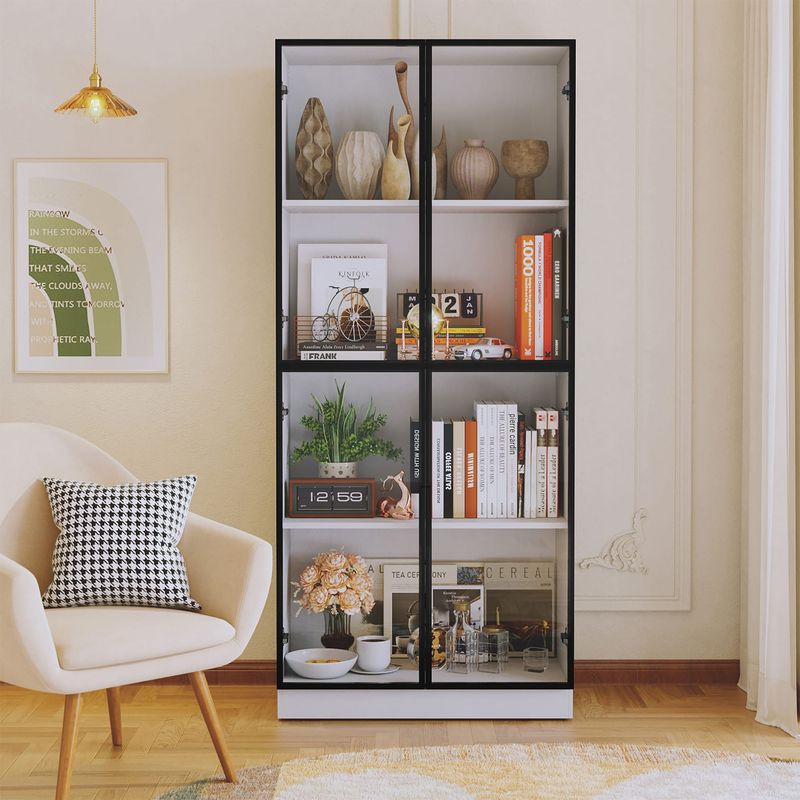 Display Cabinet With Glass Doors, Tall Storage Cupboard, Freestanding Curio Display Cabinet With 4-Tier Storage Shelves For Collectibles, Living Room, Home Office_voghion.com