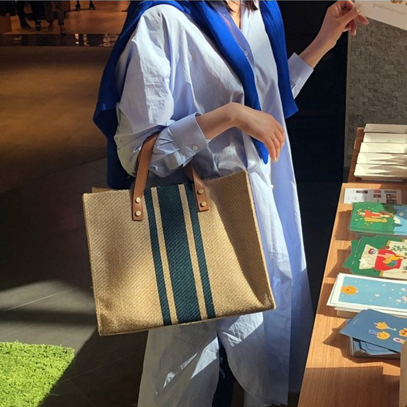 Borsa a tracolla da donna in stile coreano, professionale, a righe, semplice, grande capacità, in tela._voghion.com