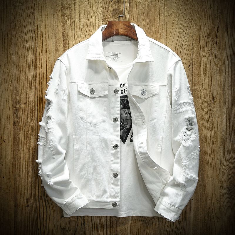 Heren denim jack met versleten look, losse pasvorm, werkkleding, casual streetwear, lente-herfstmode, bovenkleding_voghion.com