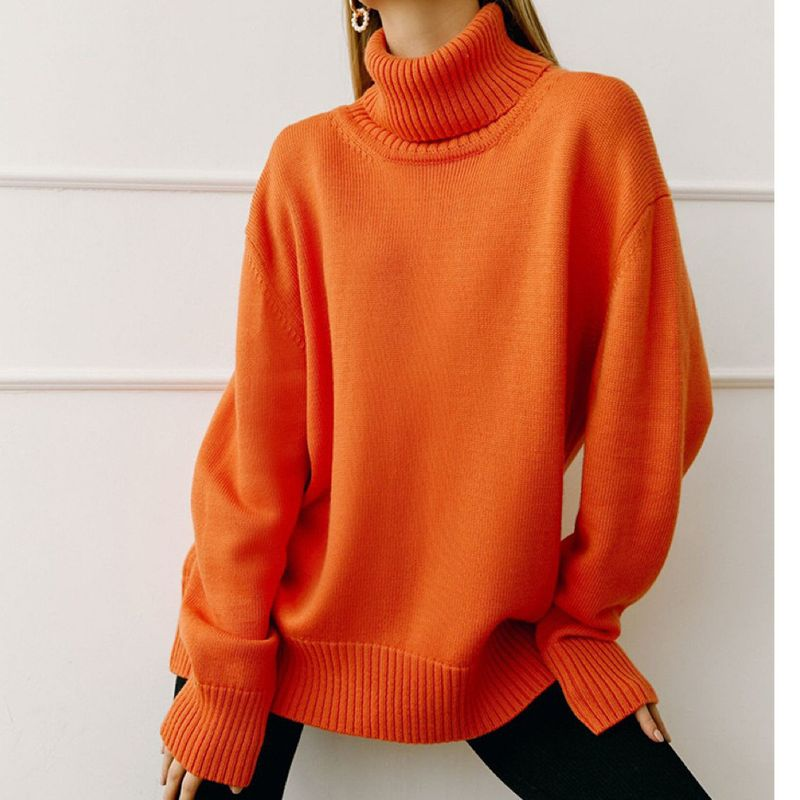 Women's solid color turtleneck loose knit with classic sweater_voghion.com