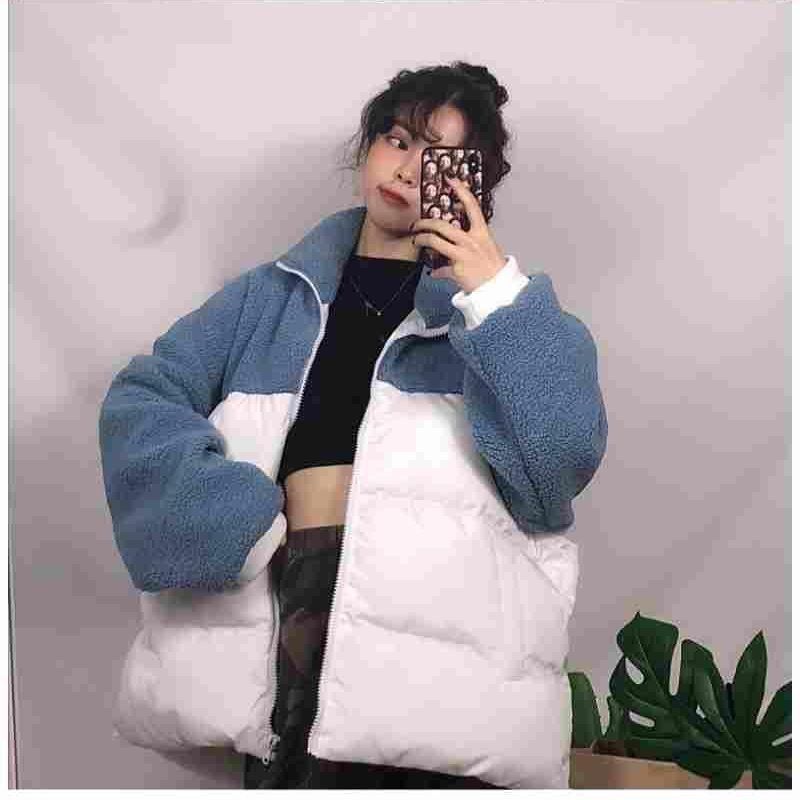 Breadms, Gespleißte Kurze Winter-Baumwolljacke In Kokonform Für Damen, Lockere Flauschige Jacke Für Studenten_voghion.com