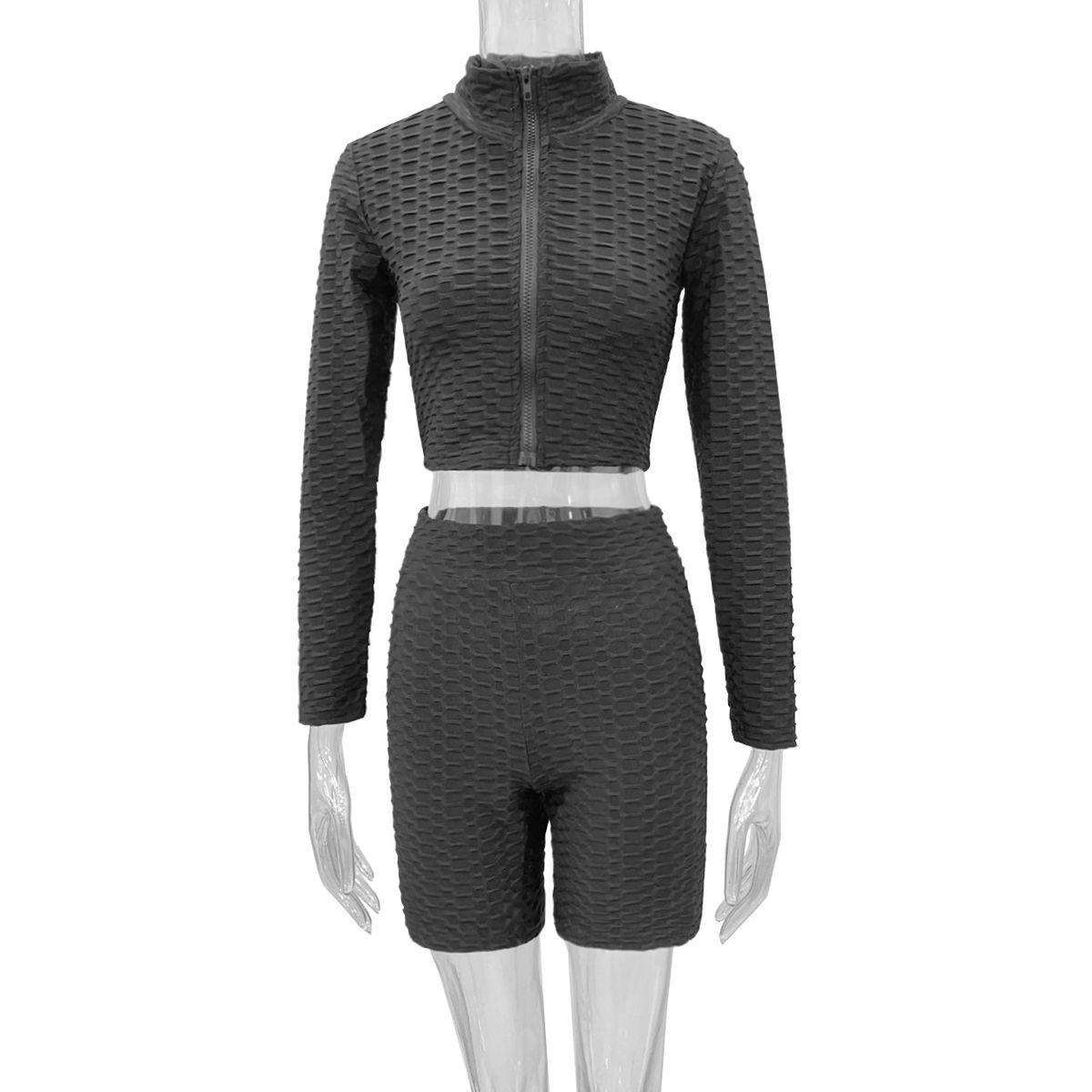 Női V-nyakú, cipzáras, rövid, hosszú ujjú felső, lezser sportöltöny_voghion.com