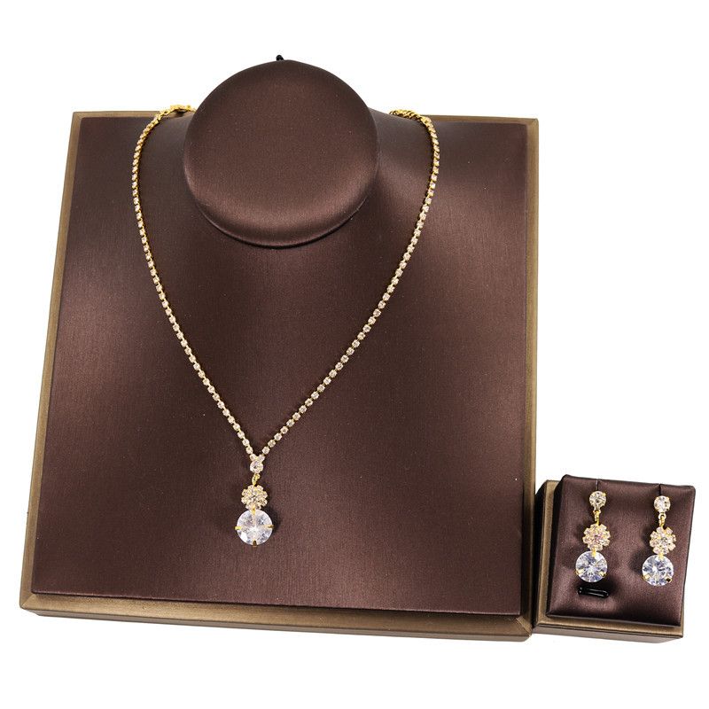 Bridal Wedding Earring Set Shining Zircon Noble Water Drop Necklace Jewelry Simple and Exquisite_voghion.com