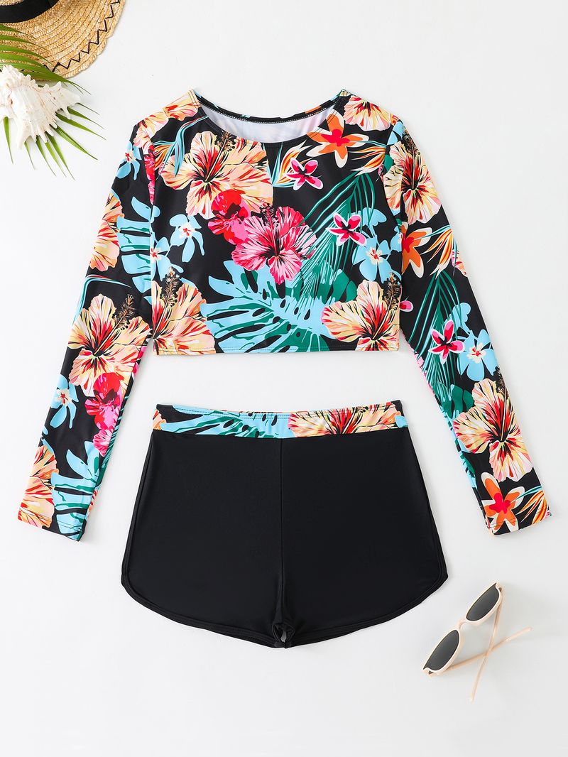 Long Sleeved Sunscreen Bikini Set - High Waist & UV Protection (Full Coverage Swimwear Boxer Shorts Two-Piece)_voghion.com
