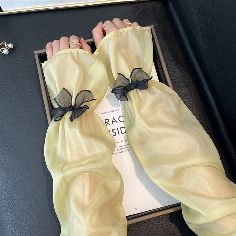 Elegant Solid Color Pearl Gauze Bowknot Sun Protection Arm For Women Summer Loose Bell Sleeves Purple_voghion.com