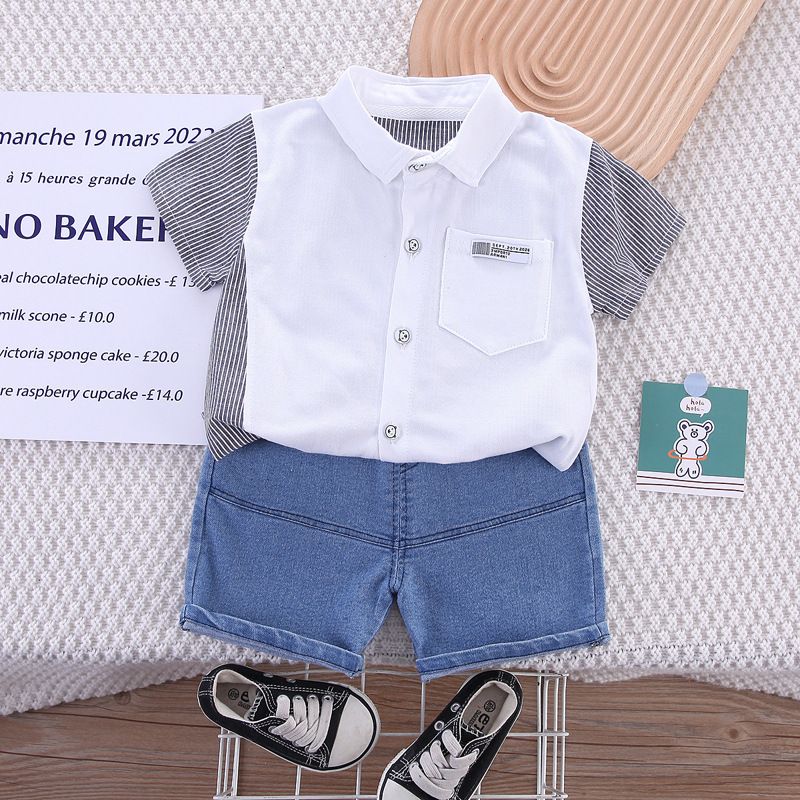 Baby 2024 summer new niche design sense children's striped British style shirt two-piece set_voghion.com