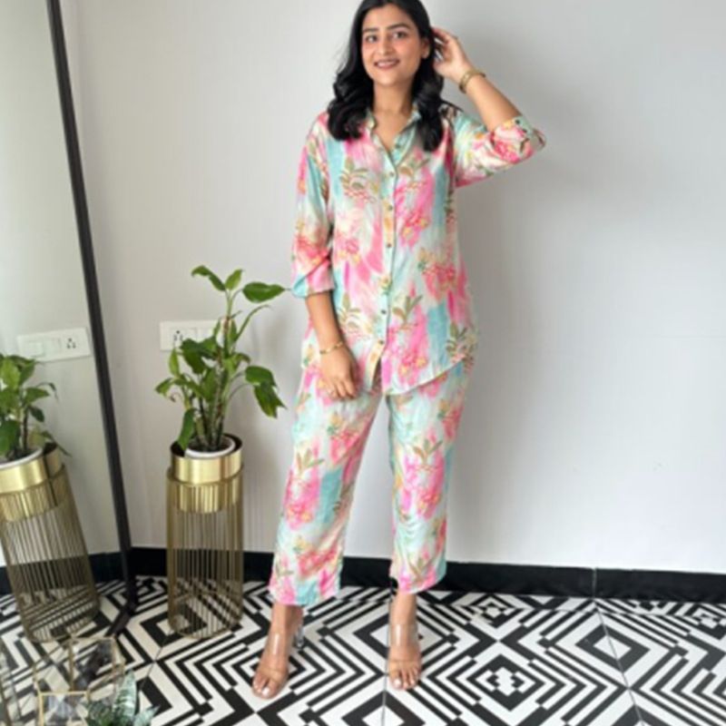 Ensemble deux pièces pour femme, vêtements décontractés, satin brillant, imprimé floral_voghion.com