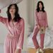 Pajamas Women's V-neck Exposed Navel, Long-sleeved Home Two-piece Set Of Satin Chiffon Thin Loungewear Can Be Worn Outside_voghion.com